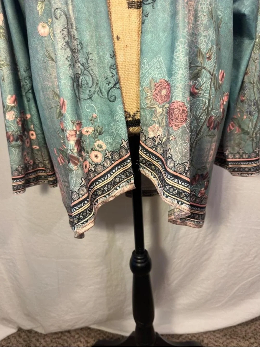 Boho Floral Open Front Kimono Cardigan XXL Teal Lightweight Duster Casual